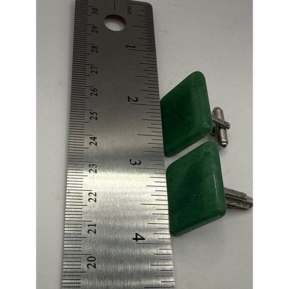 Vintage Green Resin Cufflinks Square Design Mens Jewelry Silver-Tone Backing - Picture 2 of 6